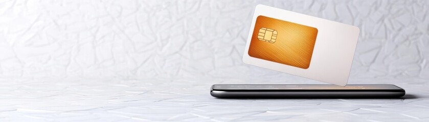 Close-up of a virtual credit card hovering above a digital wallet app on a futuristic mobile platform, sleek and minimalist design