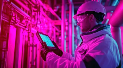 Fototapeta premium Industrial Technician Inspecting Heat Exchanger with Infrared Camera, Vibrant Neon Palette