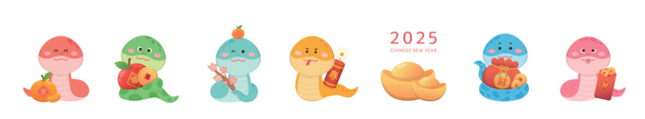 6 cute snake mascots or cartoon characters, playful and cute, vector elements for Chinese New Year, translation: spring