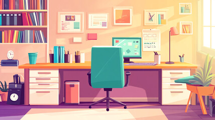 Naklejka premium Bright and organized home office workspace with green chair and modern decor in the afternoon light
