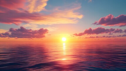 Obraz premium Beautiful illustration of a serene sunset over a calm ocean, hyper real, high quality, sharp images, graphic, illustration