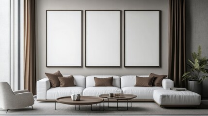 Modern Living Room Interior with Three Blank Frames