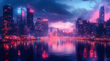 Fototapeta premium A breathtaking cityscape at dusk, vibrant lights reflecting off the buildings, hyper real, high quality, sharp details