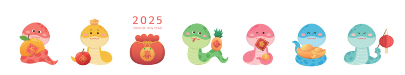 6 cute snake mascots or cartoon characters, playful and cute, vector elements for Chinese New Year, translation: spring