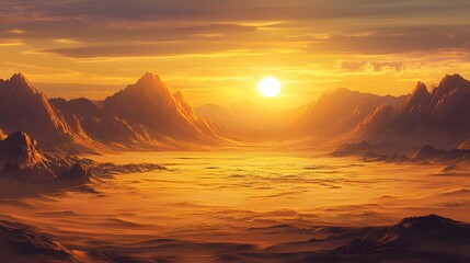 Stunning hyper-realistic illustration of a golden desert at sunset, soft shadows, sharp images, high quality