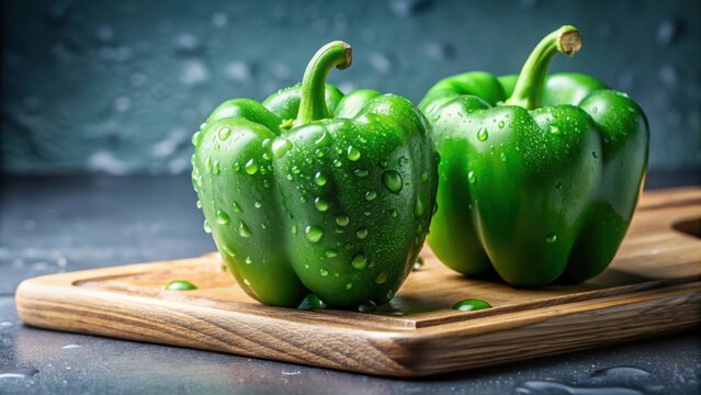 Fresh green bell peppers isolated on cutting board with water drops, fresh, vegetables, bell peppers, green