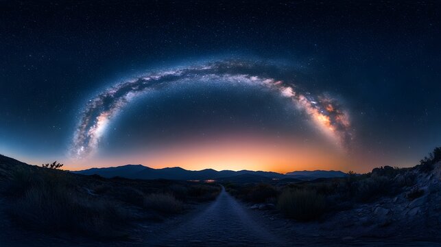 A stunning illustration of the Milky Way galaxy stretching across a clear night sky, hyper real, high quality, sharp images