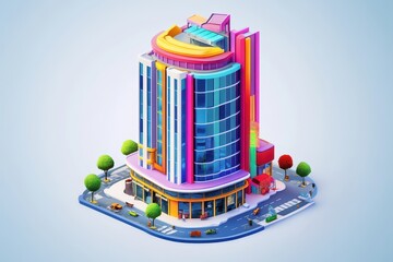 A colorful modern building with a unique design and surrounding landscape.