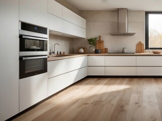 Fototapeta premium Modern White Kitchen with Stainless Steel Range Hood and Built-in Oven