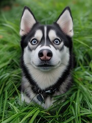 Obraz premium A charming husky dog portrait with striking blue eyes, set against a backdrop of lush green grass, exuding warmth and playfulness.