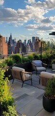 95. **A chic rooftop garden with modern furniture, potted plants, and a view of the city skyline.