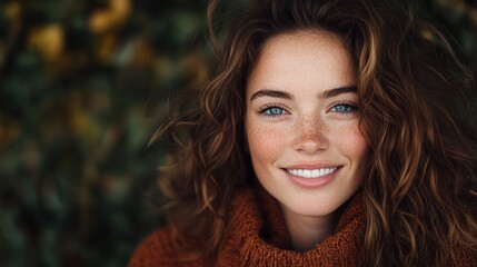 Obraz premium A cheerful woman with curly hair smiles warmly against a natural backdrop, embodying beauty and joy in a vibrant setting.