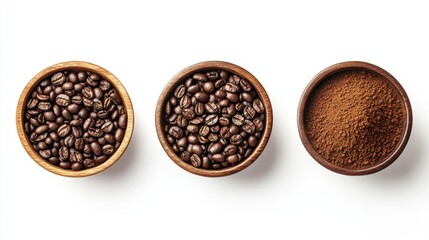Fototapeta premium 9. High-resolution top view of roasted coffee beans and coffee powder in natural wooden bowls, displayed on a bright white background