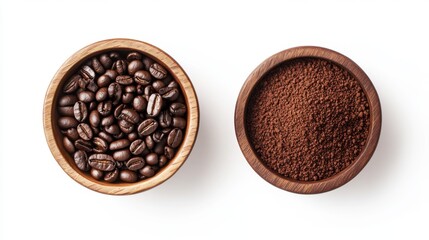 Fototapeta premium 10. Detailed flat lay of a wooden bowl overflowing with roasted coffee beans and another with finely ground coffee powder, isolated on a white background