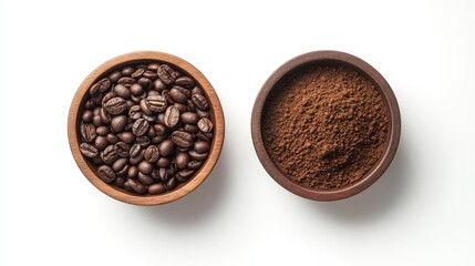 10. Detailed flat lay of a wooden bowl overflowing with roasted coffee beans and another with finely ground coffee powder, isolated on a white background