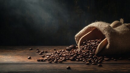 11. Rustic wooden table with scattered coffee beans, an open burlap bag, and a wooden scoop, all illuminated by warm, soft lighting against a dark background with ample copy space