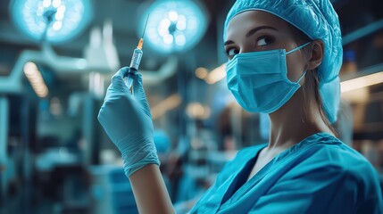 Healthcare professional in a surgical setting, holding a syringe, wearing scrubs and a mask, prepared for procedure in a modern operating room.