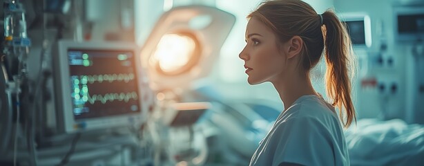 A focused nurse monitors patient vitals on medical equipment in a hospital setting, emphasizing healthcare precision and care.