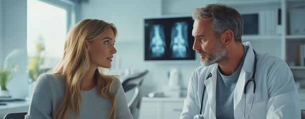 Obraz premium Doctor consulting with a patient in a modern medical office, discussing x-ray results visible on a screen in the background.
