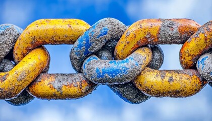 Close-up of a Rusty and Painted Chain Link Against a Blue Sky