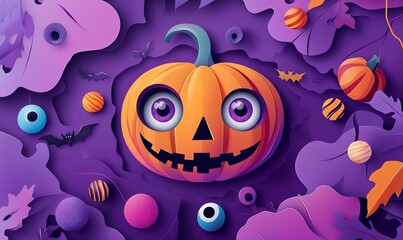 Smiling cartoon pumpkin face in a Halloween banner in paper cut out style