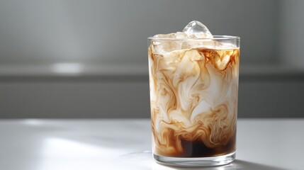 64. Iced coffee latte in a clear glass, with cream creating artistic swirls as it is poured in, set on a bright white table, perfect for a summer refreshment