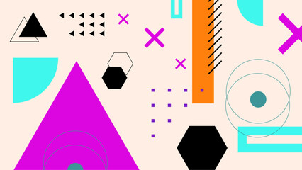 Abstract geometric pattern with vibrant shapes in retro style art design. Colorful abstract geometric design featuring an array of shapes in vibrant colors including triangles squares and circles