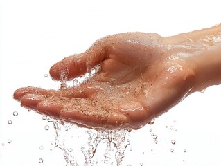 Fototapeta premium A hand gently releasing water droplets, symbolizing purity, freshness, and nature's beauty in a clean, white background.