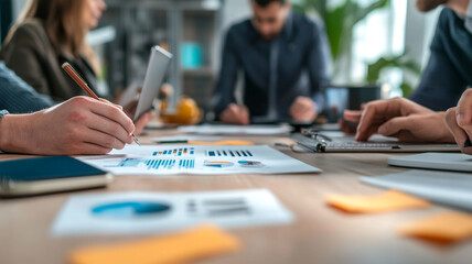 Team collaboration during a business meeting analyzing graphs and data in a modern office setting