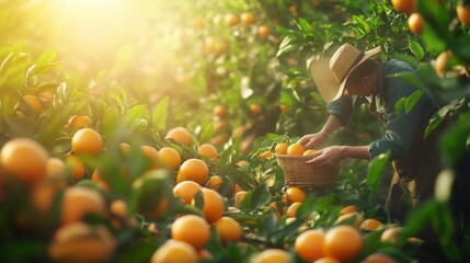 112. Detailed shot of a gardener harvesting ripe oranges in a tangerine garden, surrounded by abundant fruit and healthy green foliage, capturing the essence of farming and harvest