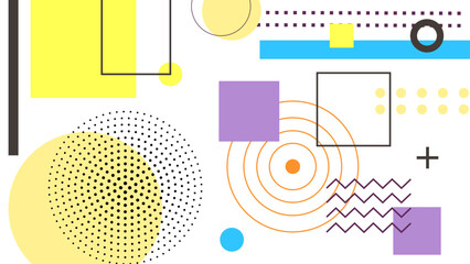 Colorful geometric abstract pattern featuring squares circles and lines in a modern design. A vibrant abstract composition showcasing a mix of geometric shapes including squares circles and lines
