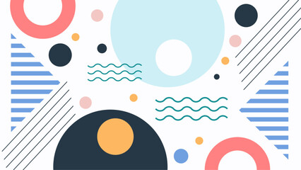 Fototapeta premium Abstract geometric pattern with colorful circles and stripes in retro style. A vibrant abstract design featuring a mix of colorful geometric shapes including circles stripes and waves