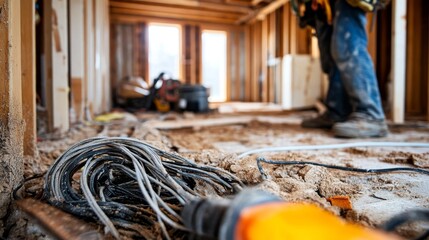 129. Close-up of an electrician connecting wires in a partially completed home, with construction debris and equipment around, illustrating the detailed work involved in house repair and