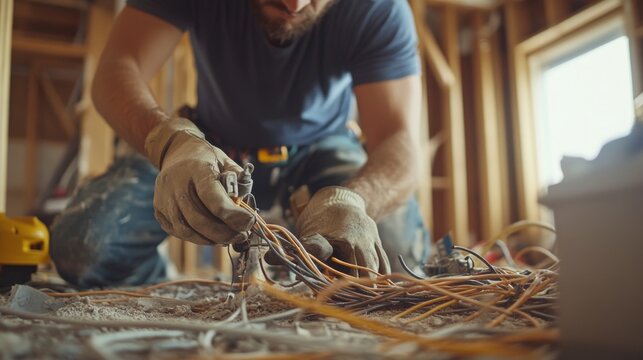 129. Close-up of an electrician connecting wires in a partially completed home, with construction debris and equipment around, illustrating the detailed work involved in house repair and