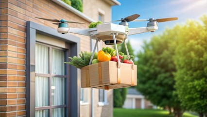 Drone delivering a package of fresh groceries to a doorstep, food delivery, technology in food distribution