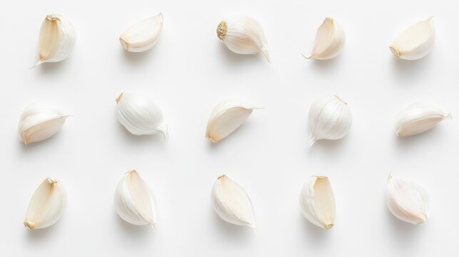 150. Top-down view of garlic cloves arranged on a white background, capturing the rustic and natural essence of the cloves in a minimalistic style