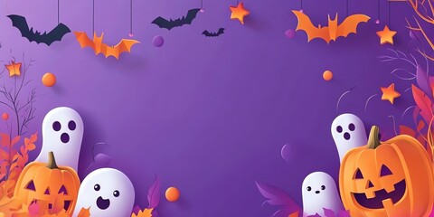 halloween banner frame with ghosts, bats and pumpkins in paper cut style