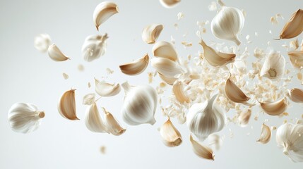 156. Garlic cloves suspended in mid-air against a white background, capturing the dynamic motion and natural form of the cloves in a striking visual