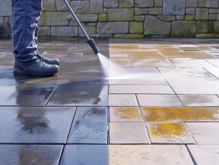 A person cleaning a stone patio with a pressure washer, removing dirt and stains for a pristine outdoor appearance.