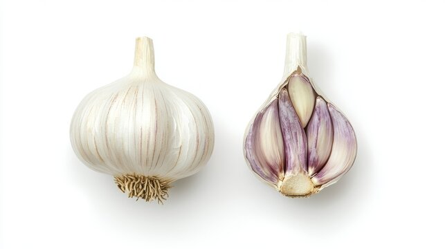 155. Top view composition of a garlic bulb and a half-cut bulb on a white background, showcasing the intricate details and natural beauty of the garlic