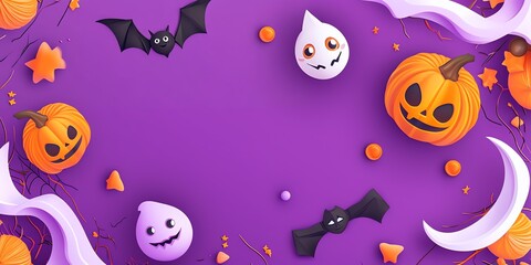 halloween banner frame with ghosts, bats and pumpkins in paper cut style