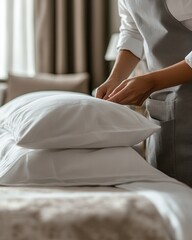 A person arranging white pillows on a neatly made bed in a cozy hotel room, showcasing hygiene and professionalism in hospitality.