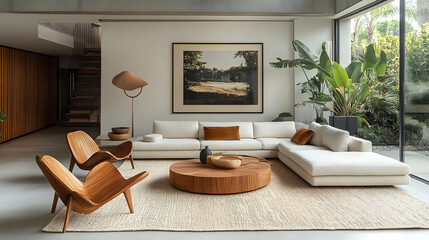 Modern Living Room Design with White Sectional Sofa, Wooden Chairs, and a Large Window