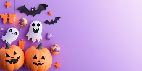 halloween banner frame with ghosts, bats and pumpkins in paper cut style