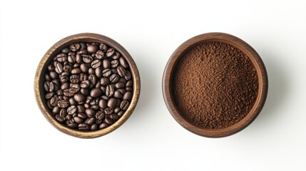 6. Top view of roasted coffee beans and finely ground coffee powder in rustic wooden bowls, elegantly arranged on a pristine white background