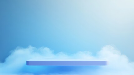 Abstract gradient background with a floating blue top table, soft cloudlike textures, calm atmosphere, minimalist abstract, serene table