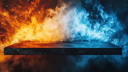Blue top table with a background of swirling fire and ice elements, abstract duality concept, contrast abstract, dynamic table scene