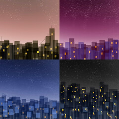 4 abstract styles of a city at night, featuring star lights, creating a sense of chaos and tranquility simultaneously.