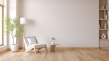 Minimalist living room with white chair and coffee table near floor lamp with plant  ,wood furniture and minimalist decor with white wall background .3d render