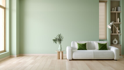 Minimalist living room With modern sofa and wood furniture and minimalist decorate with green wall background ,3d render